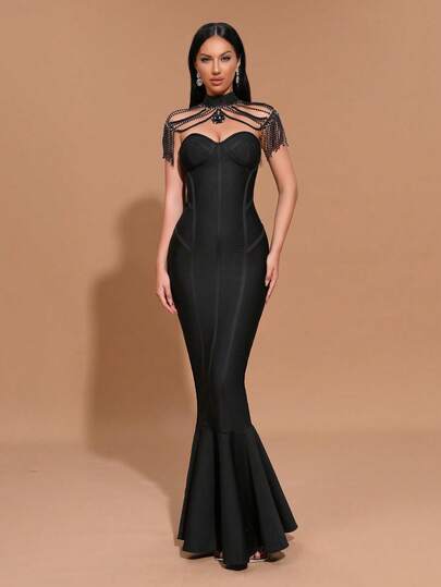 Vestido de noche largo estilo sirena sin tirantes, con diseño de capa con flecos decorados con perlas, ajuste ceñido, adecuado para fiestas, bailes, banquetes