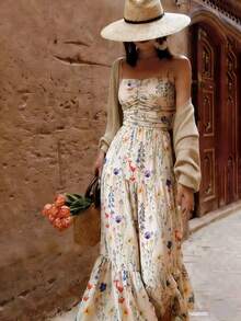 EARO Women's Sleeveless Printed Dress, Unique Ruffled Layered Design, Spaghetti Strap Long Dress Elegant Summer - Apricot - View 3