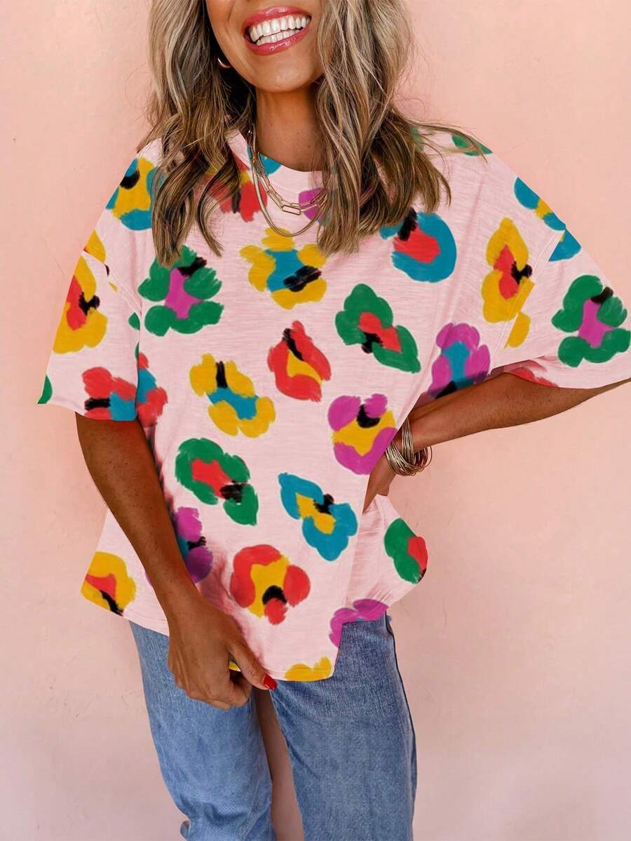 Casual Apricot Leopard Print Loose Fit Round Neck T-Shirt Pink Vacation Summer - Pink - View 1