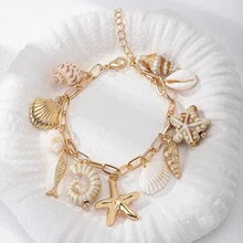 1pc Summer Ocean Life Seashell, Starfish, Fish Theme Bracelet, Beach Style Starfish Seashell Pendant Bracelet, Bohemian Holiday Jewelry For Women - Gold - View 2