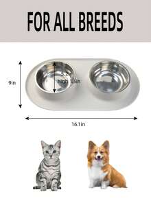 Silicone Pet Bowl, Basic Bowl, Dual-Compartment, Dry & Wet Food Separation - Light Gray Double Bowl (without Stainless Steel Bowl) - View 6