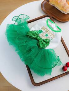 1件宠物服装，猫狗服装，小型犬和幼犬可爱浪漫系列套装，亮片蝴蝶结薄纱裙 - 彩色 - 查看 5