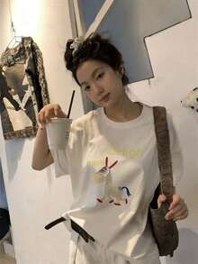 Áo thun ngắn tay in hình chú lừa dễ thương, kiểu Mỹ, màu trắng, thích hợp cho mùa xuân/hè. - trắng - Xem 3