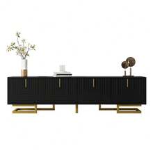 TV Stand With Textured Doors, TV Furniture, Gold Handles And Gold Legs - 黑色+刨花板 - 查看 8