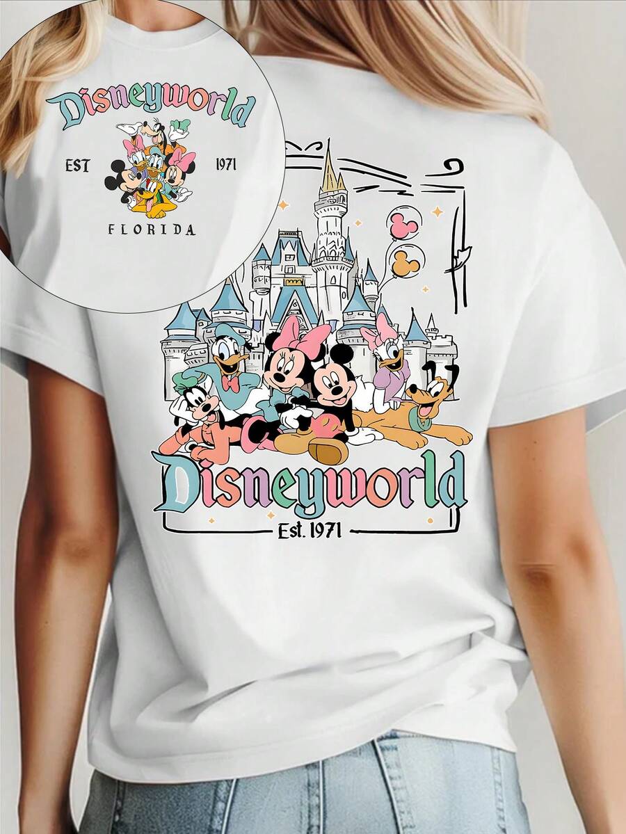 Disney Mickey And Minnie Mouse Family Fun Summer T-Shirt For Men, Distressed Finish, One-Piece Design, Pure Cotton Fabric, Comfortable And Breathable, Casual Outdoor Street Style, Crew Neck; High-Quality Fashion Brand, An Ideal Surprise Gift For Family And Friends, Or A Travel Gift. - 白色 - 查看 1