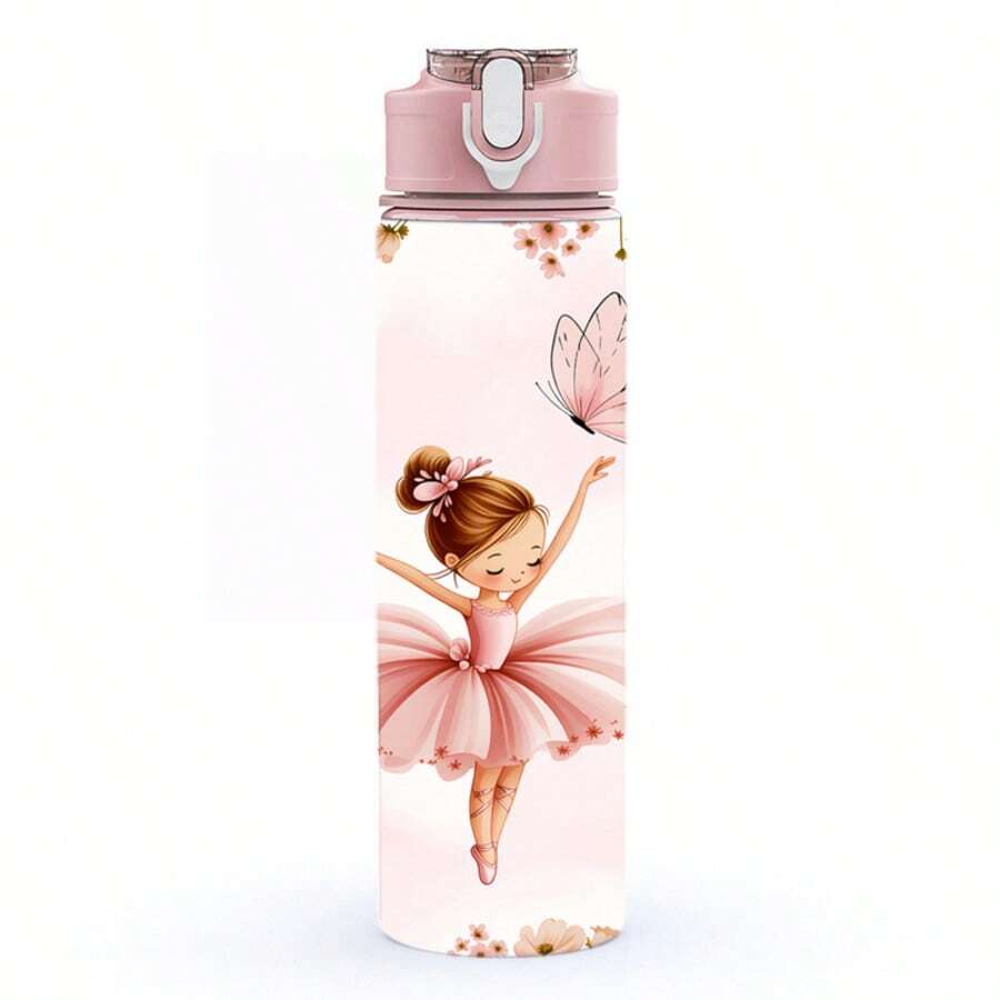 1pc/5pcs 750ml Multi-Color Water Bottle/Cup With Straw. Designed With Butterfly, Cherry Blossom And Ballerina Girl Patterns. Plastic Sports Water Bottle With Flip Cap And Slim Portable Design. Fashionable And Practical.