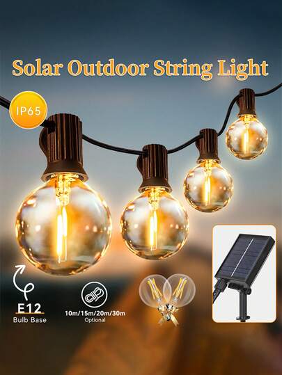 Solar String Lights, Warm White Bulbs With Remote Control, 7m/10m/15m/20m Options, Shatterproof Bulbs, Dimmable & Timing, Adjustable Lighting Modes, E12 Base, Waterproof, Solar Powered, Suitable For Outdoor Patio, Party, Camping, Garden, Pool, Balcony Lighting
