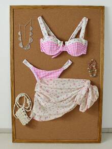 Bikini a cuadros rosa fresco para damas, estilo de chica sexy, conjunto de traje de baño de tres piezas para vacaciones en la playa, verano primavera 2026 - Multicolor - Ver 2