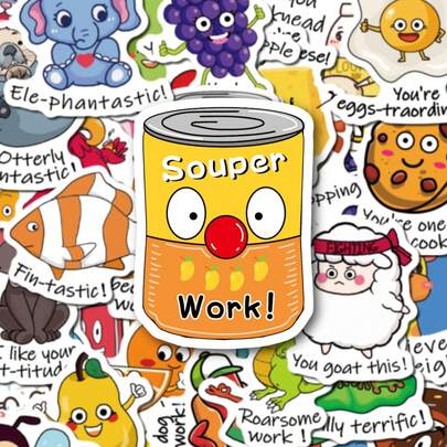 50 PCS Cute Cartoon Pun Sticker Pack, Funny Food & Animal Themed Decals For Water Bottles, Laptops, Phone Cases, Journals, Scrapbooks, Stationery, Office Supplies, Perfect For Adults, Teens, Coworkers, Teachers, Students, DIY Crafts, Decorating Notebooks, Planners, Gift Wrapping, Party Favors, Reward Stickers, Motivational Workplace Decor, Fun Punny Designs To Add Humor To Daily Items, Durable Vinyl Stickers For Indoor & Outdoor Use, Easy To Peel & Stick On Smooth Surfaces Scrapbook Supplies Funny Stickers Kindle