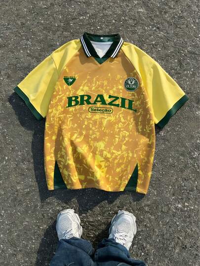 Men's Yellow-Green Contrast Letter Print Short Sleeve Sports Jersey T-Shirt