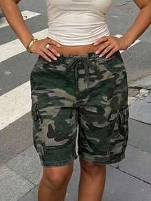 Women's Drawstring Elastic Waist Multi-Pocket Loose Straight Leg Cargo Denim Shorts - Army Green 4 - View 11