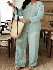 Light Blue Background Botanical Pattern Women's Set, Skin-Friendly Woven Fabric, Fresh Simple Style, Suitable For Daily Leisure Wear In Spring And Summer, Ideal For Daily Gifting, Light Blue Background With All-Over Botanical Pattern Set - 彩色 - 查看 5
