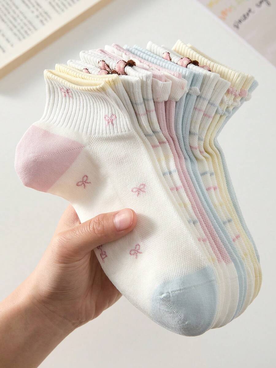 5 paires de chaussettes courtes pour femmes avec nœud et motifs d'expressions mignons, respirantes et antidérapantes, convenant pour le printemps et l'été - Multicolore - Voir 1