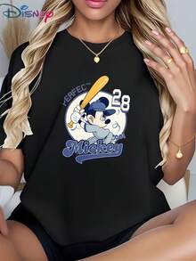 Casual Women's Disney Graphic T-Shirt, Featuring Mickey Mouse Baseball Design (Red Retro Print) - Versatile For Workouts & Casual Outings, Popular Women's Athletic T-ShirtMade From Soft, Comfortable, And Durable Pure Cotton, This Is An Ideal Choice For Spring And Summer. This Crew Neck T-Shirt Is Suitable For Various Occasions, Including Everyday Wear, Shopping, Parties, Travel, And Gatherings, And Also Makes A Thoughtful Gift. - 白色 - 查看 1