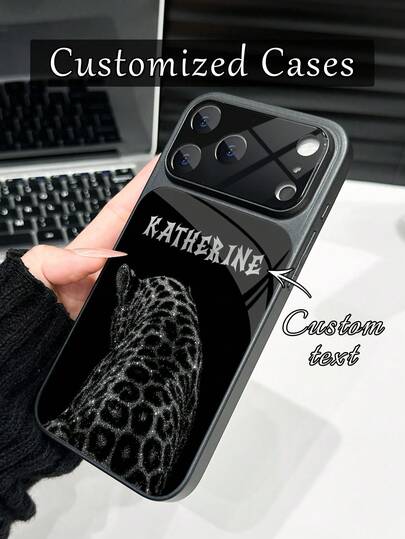 1pc Customized Luxury Rhinestone Leopard Print Electroplated Gold Glass Phone Case, Suitable For IPhone 17 Pro Max/16 Pro Max/15/14 Plus/13 Pro/12 Pro Max/11/Xs Max/8/7/6 Plus, , Fashion, Colorful, Cute, Fun, Minimalist, Matching Phone Case, Personalized, Unique, Ideal Gift For Boyfriend, Grandparents