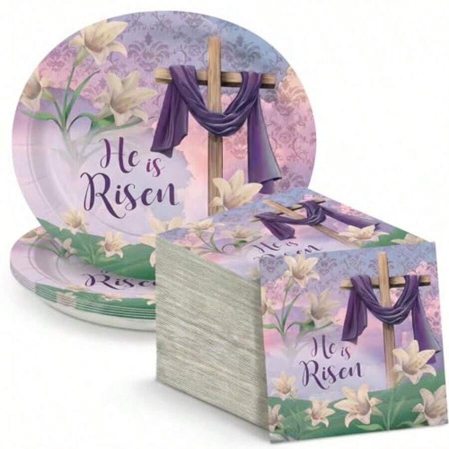 50 Pcs Easter Large 12" X 10" Oval Paper Plates And Napkins Disposable Heavy Duty Paper Plates And Napkins For Easter Party Supplies - Purple - 查看 1
