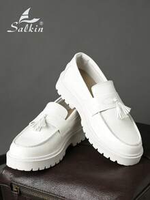Salkin New Fashion Designer Men's Slip-On Loafers With Tassels, Elegant Gentleman Social Shoes, Glossy Patent Leather, Soft & Comfortable, Pearl White Color, Casual Daily Wear, Back To School Student Style, Thick Sole Height Increasing, Business Formal Dress Shoes, Suitable For Office, Party, Wedding, Holiday Gift, Spring/Summer/Autumn, Size Runs Small, Please Order One Size Up - White - View 10