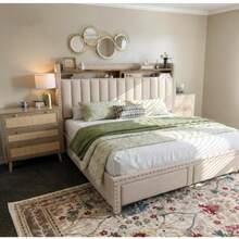 EnHomee Queen/King Bed Frame With 2-Tier Storage Headboard & 2 Storage Drawers, Upholstered Platform Bed Frame , Sturdy Wooden Slats Support, Noise-Free, No Box Spring Needed, Beige - 米色 - 查看 4
