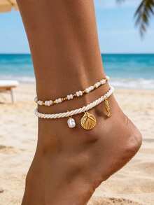 2pcs/Set Vacation Style Starfish, Shell, Fish Pendant Beaded Anklets, White & Gold Pearl Decor Elastic Rope & Linen Cord Double Layer Detachable Anklets, Suitable For Daily, Party, Music Festival, Beach, Bikini, Elegant & Refined For Women - Shell - View 7