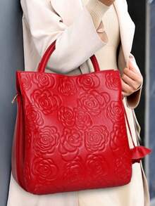 优雅复古女士大容量花卉手提包，时尚托特包，配有可拆卸肩带，女士钱包兼单肩包，适合日常使用和工作，是理想的节日礼物 - 紅色 - 查看 2