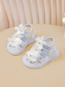 Infant Shoes/Toe-Covering Floral Crystal Hook And Loop Jelly Soft Bottom Sandals - Silver - View 2