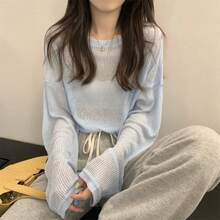 New For Summer! UV Protection, Long Sleeve, Thin, Girly, Simple, Oversized T-Shirt For Women. Sheer, Perfect For Underwear, Unique Design, Casual, Stylish Top. - ブルー - 查看 1