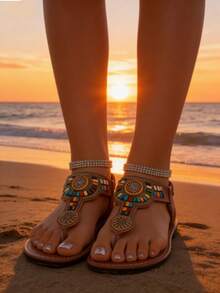 新款水钻装饰平底凉鞋，时尚人字拖，适合街头穿着，也适合各种场合。 - 棕色 - 查看 5