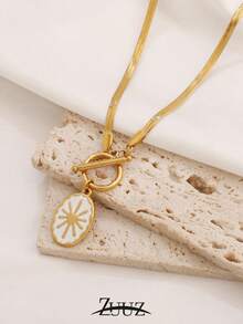 1对朋克风不锈钢项链，女士镀金珐琅粉色、黑色、白色、蓝色几何椭圆太阳吊坠项链，适合女性日常佩戴 - 項鍊 - 查看 10