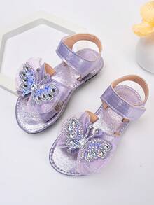 2026 New Girls' Princess Style Purple Mesh Rhinestone Butterfly Sandals, Summer Hook And Loop Non-Slip Performance Shoes - Purple - View 4