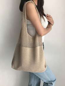 1pc Heart Contrast Color Knitted Tote Bag, Large Capacity Fashion Beach Bag, Versatile For Commuting, Summer Outfits - Multicolor - View 10