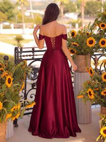 女士优雅露肩褶皱高腰A字露背系带连衣裙，适合舞会、派对、毕业典礼、生日、盛会、返校节、婚礼宾客着装、正式晚宴、新年庆祝活动、春季派对等场合。 - 酒紅色 - 查看 2