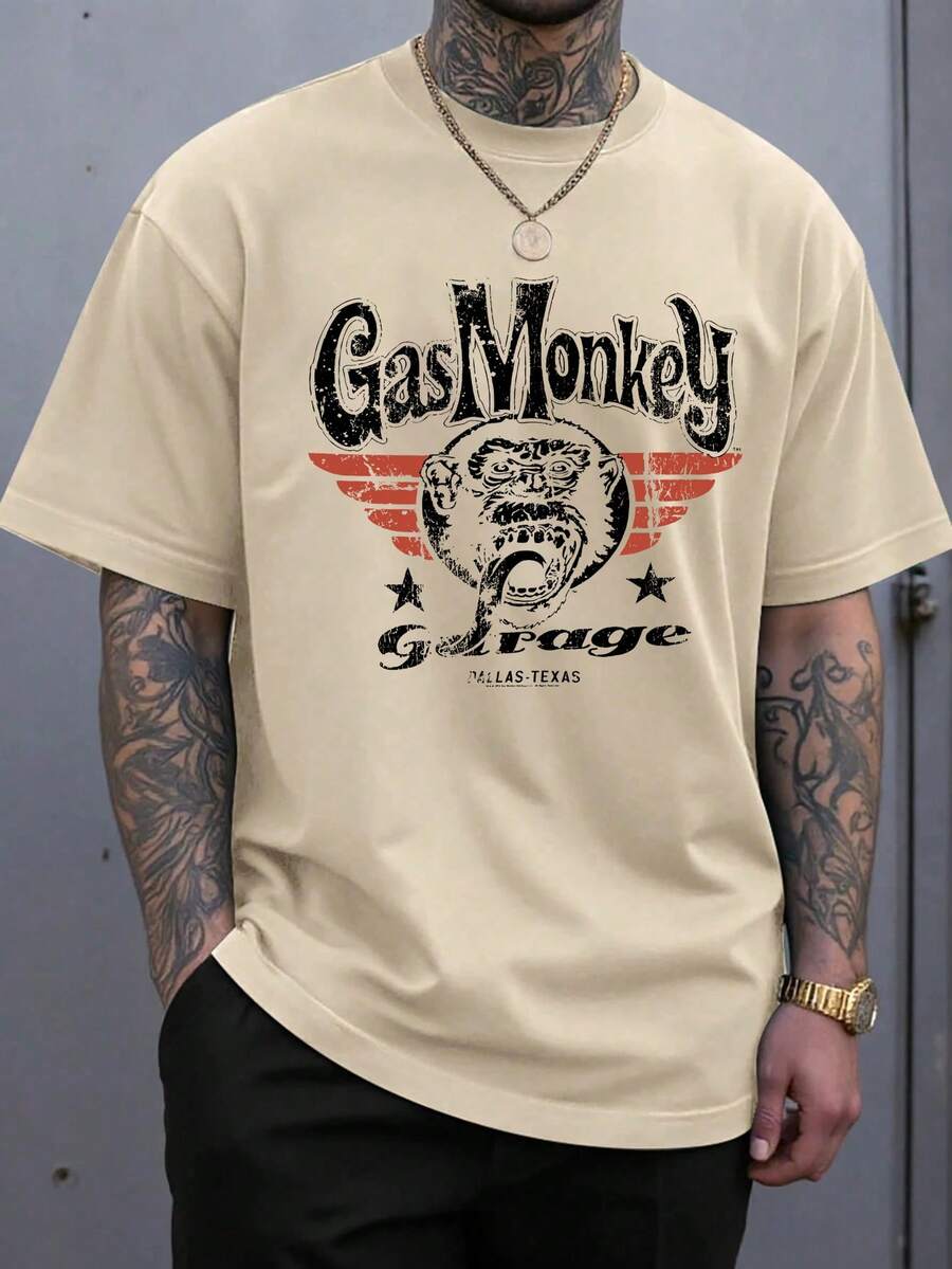 Áo thun nam tay ngắn cổ tròn in hình khỉ khí ga, phong cách thường ngày, thích hợp cho mùa hè. - Màu be - Xem 1