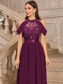 MIUSOL Elegante abito da sera con spalle scoperte, decorato con fiori in pizzo e paillettes, vestito da cerimonia adatto per invitati a matrimoni, cerimonie di laurea, cene formali estive - colore granata - Visualizzare 8