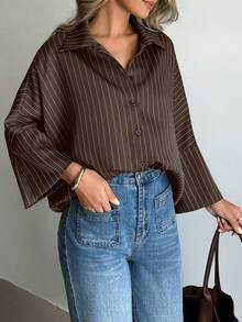 Doriss 宽松条纹蝙蝠袖女式衬衫上衣，棕色，适合万圣节、返校季、正式场合、情人节、秋冬春季穿着。 - 咖色 - 查看 6