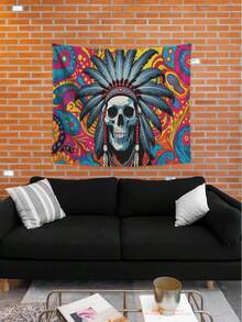 Headdress Skeleton Wall Tapestry – Boho Skull Art Wall Hanging For Bedroom Dorm,   Decor,Gothic Spiritual Home Tapestries - Multicolor - View 2