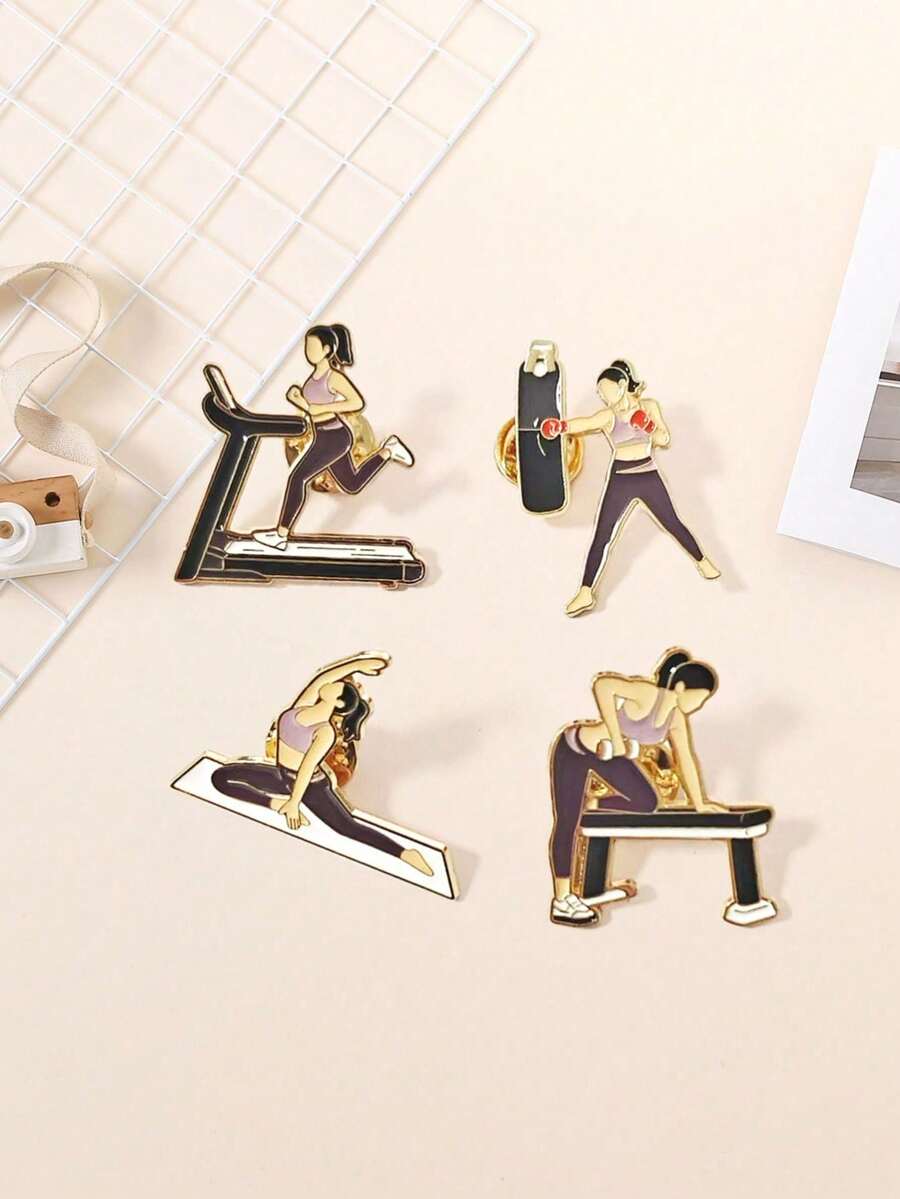 4pcs New Cartoon Fitness Exercise Yoga Brooch, Decorative Pins For Backpacks, Bags, Clothing, Yoga Gifts - Multicolor - View 1
