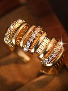 1pc Creative Multi-Level Lines Gold Plated Openable Rings Old Money Style Cubic Zirconia Women Ring For Birthday Festival Mother's Day Anniversary Gifts Copper Jewelry - Yellow Gold - View 8