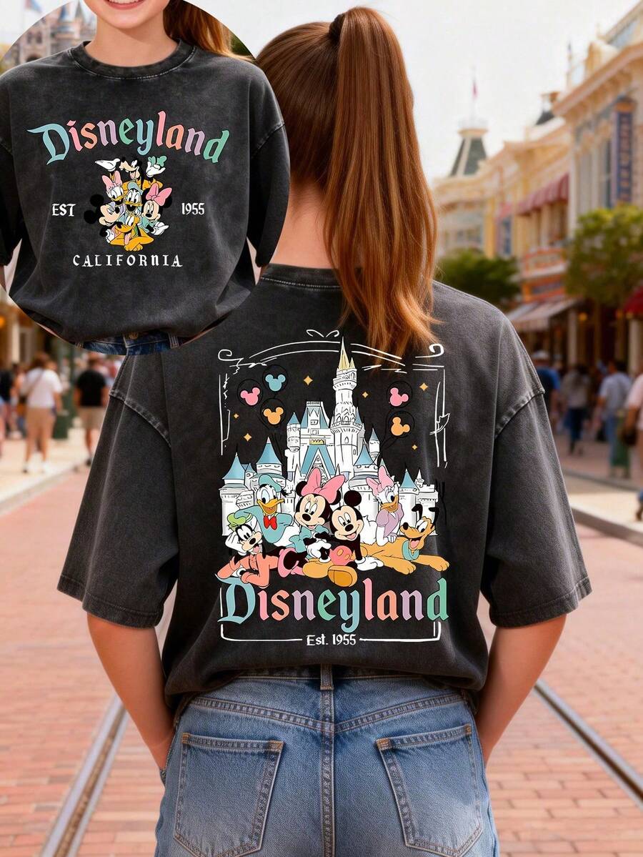 Women's Casual Cotton Disneyland Graphic Tee, Short Sleeve Round Neck Regular Fit T-Shirt, Slight Stretch Fabric - Black - View 1