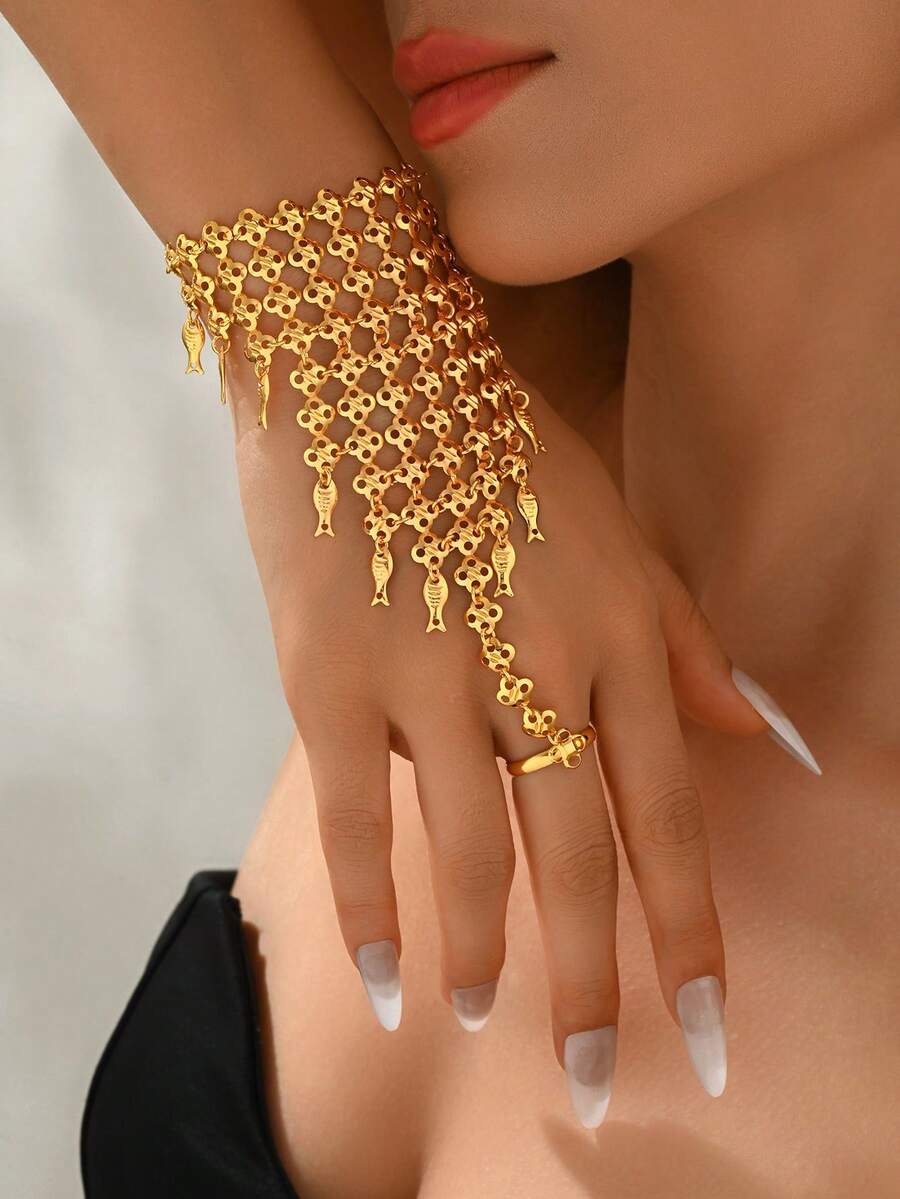 1条波西米亚风流苏指链手链，适合女士参加派对、休闲、假日活动佩戴。 - 金色 - 查看 1