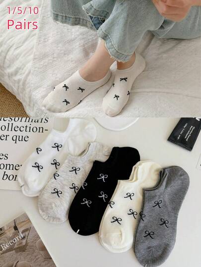 1/5/10 pares de calcetines cortos con lazo para mujer, calcetines invisibles blancos/negros/grises, calcetines casuales de unicolor minimalista para uso diario
