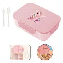 1件翻蓋式便當盒附餐具，便攜方形分格食物儲存盒，3格設計，防漏防水，適合戶外使用、旅行、上班族，齋月必備，26字母圖案 - 粉色 - 查看 12