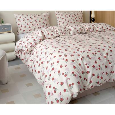 3-częściowy zestaw poszewek na kołdrę w stylu vintage z czerwoną różą, francuski wzór kwiatowy, 160 x 200 cm, 220 x 200 cm, podwójny zestaw poszewek na kołdrę w rozmiarze super king, 100% bawełny, romantyczna pościel Cottagecore z poszewkami na poduszki zapinanymi na zamek błyskawiczny, 70 x 80 cm