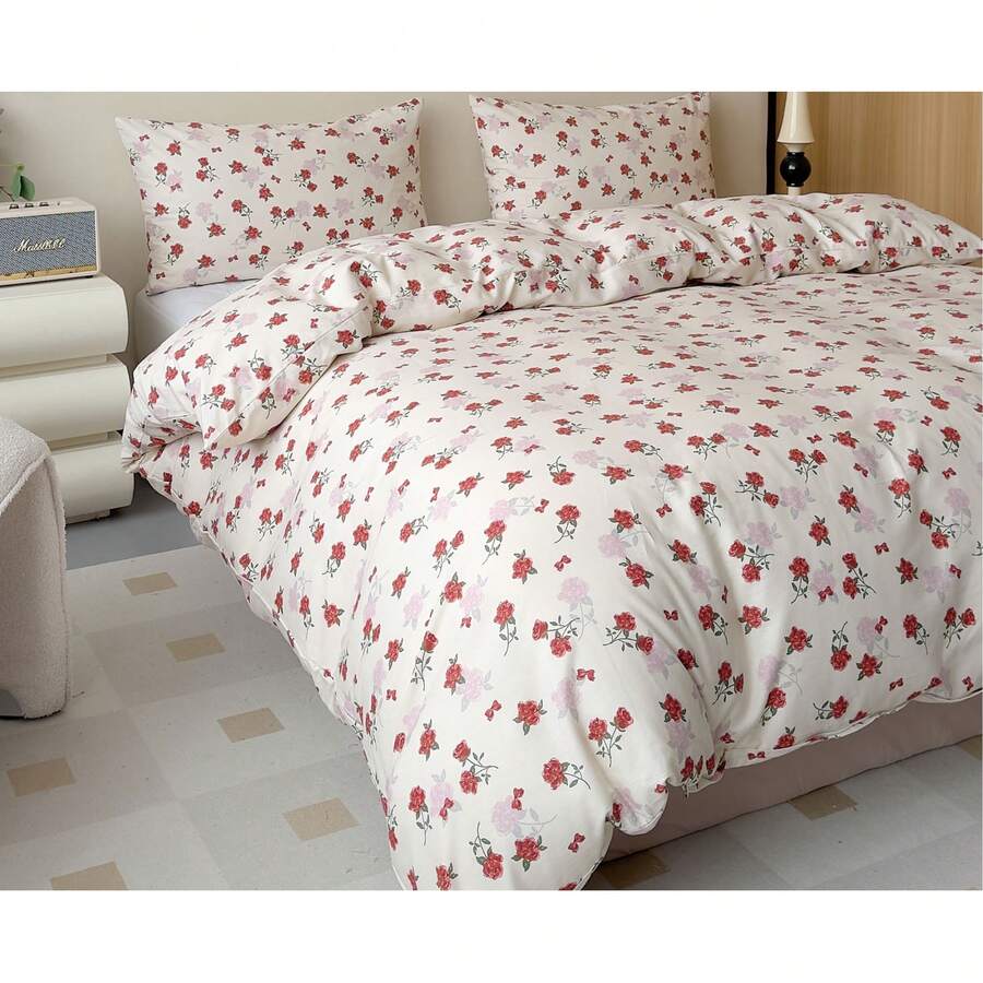 Juego de funda nórdica de 3 piezas con estampado floral de rosas rojas vintage francesas de 160x200cm y 220x200cm para cama doble y super king, 100% algodón, romántico estilo cottagecore, con fundas de almohada de 70x80cm con cremallera - Multicolor - Ver 1