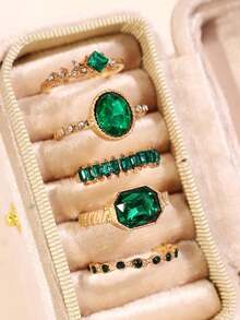 Set de 5 anillos elegantes, versátiles y casuales con elegantes piedras de rhinestone verdes y dorados, adecuados como regalo para la novia, boda o compromiso - Multicolor - Ver 7