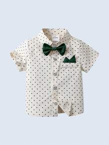 BOARNSEORL 2pcs Young Boys' Gentleman Suit Including Short-Sleeved Collared Shirt With Bow Tie And Khaki Shorts Or Overalls, Suitable For Birthday Parties, Weddings, Banquets And Performances - Dark Green - View 6