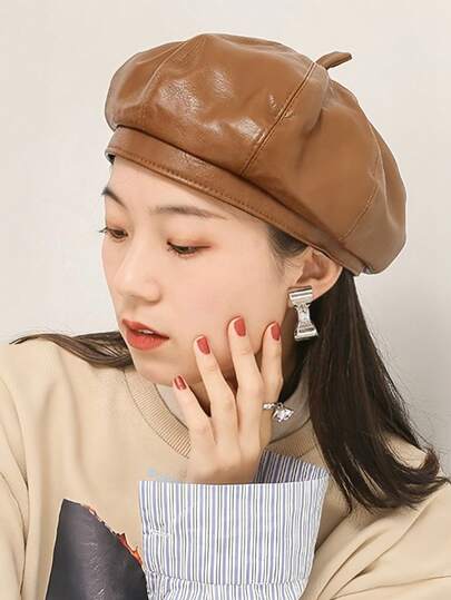 Vintage Women's Pumpkin Beret, British Style Octagonal Cap, Soft PU Leather, All-Match Retro Fashion