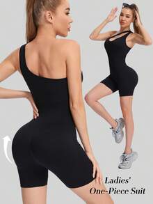 MathCat Women's Off-Shoulder Strap Seamless Jumpsuit, Sporty 3/4 Length Shorts Yoga Wear, Bodysuit Cycling Shorts For Fitness Running, Sexy Body-Shaping And Butt-Lifting, Suitable For High-Intensity Training, Yoga, And Spinning. - 黑色 - 查看 1