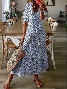 2026 European And American Bestseller Casual Sweet Loose V-Neck Printed Fringed Mid-Sleeve Long Dress For Women - 白色4 - 查看 7