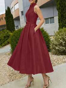 Elegant Women's Dress With A Tie Waist And A-Line Silhouette, New Spring/Summer And Fall/Summer Styles, Sleeveless With A V-Neck, Suitable For The Office Or Everyday Wear In Black. - 波爾多 - 查看 6