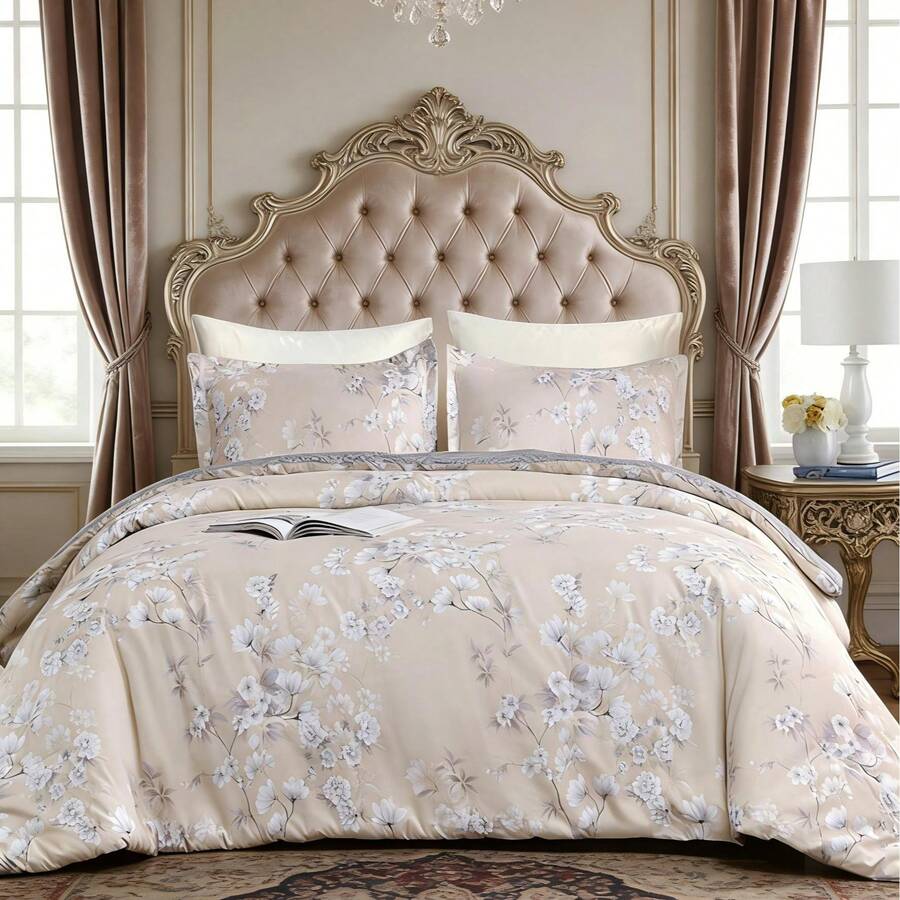 2/3 件套白色梅花印花被套，香槟金底色，简约美学设计，柔软奢华的高品质轻盈超细纤维床品，低致敏性，透气性好，适合春、夏、秋、冬四季使用。 - 香檳色 - 查看 1